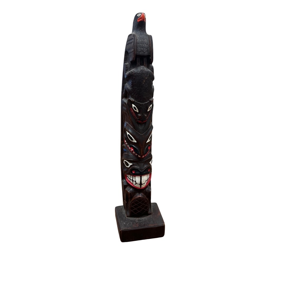 Authentic Alaska Craft Ketchikan Hand Carved Wooden Totem Pole Raven Bear 10in